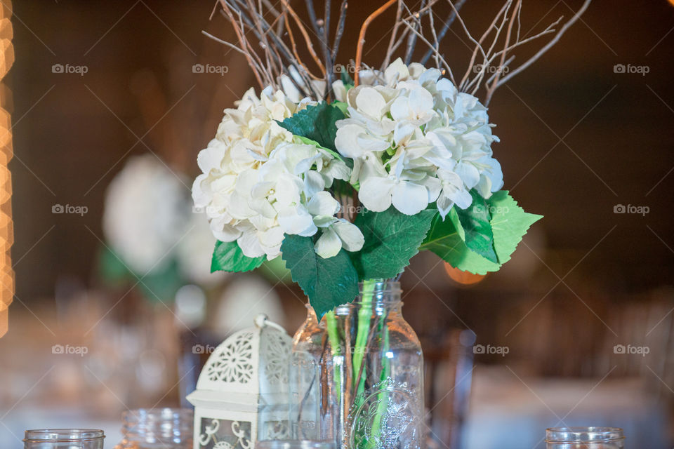 White Hydrangea Floral Centerpice  Glass Vase