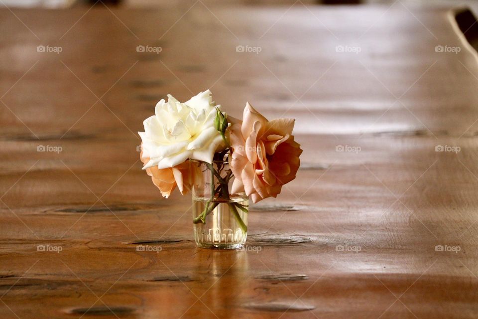 Dusty pink and cream short stemmed cut roses in glass jar on rustic wood table, simple elegance shabby chic, room for text minimalism 