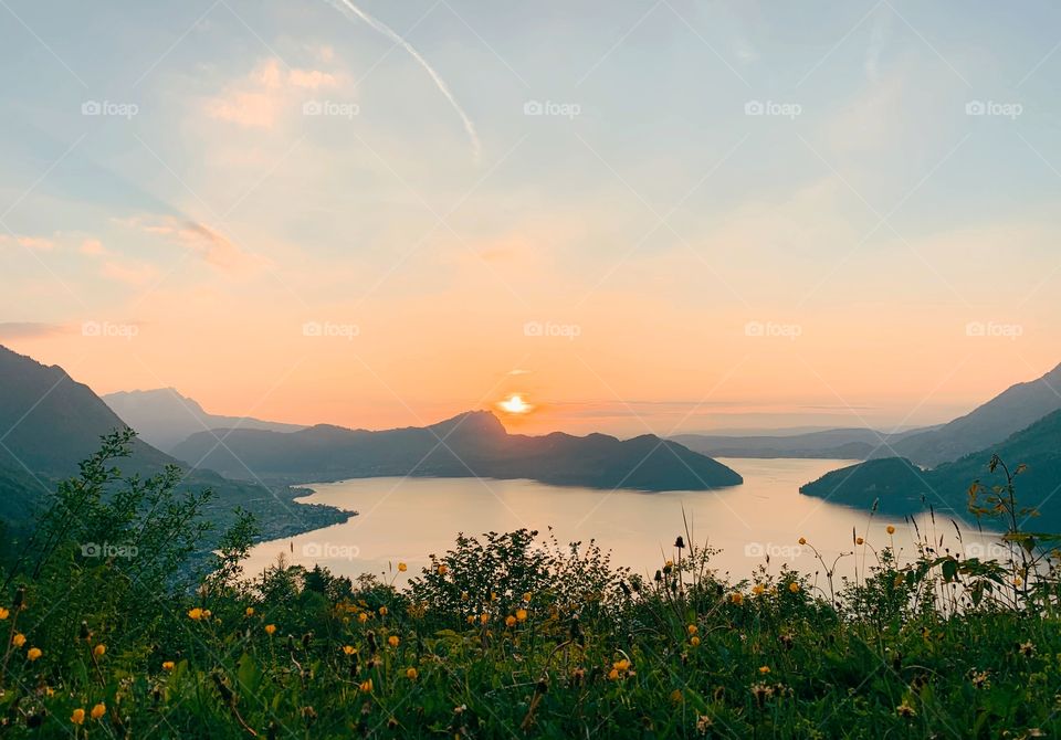 Beautiful sunset by the lake in Switzerland, in spring, 2019