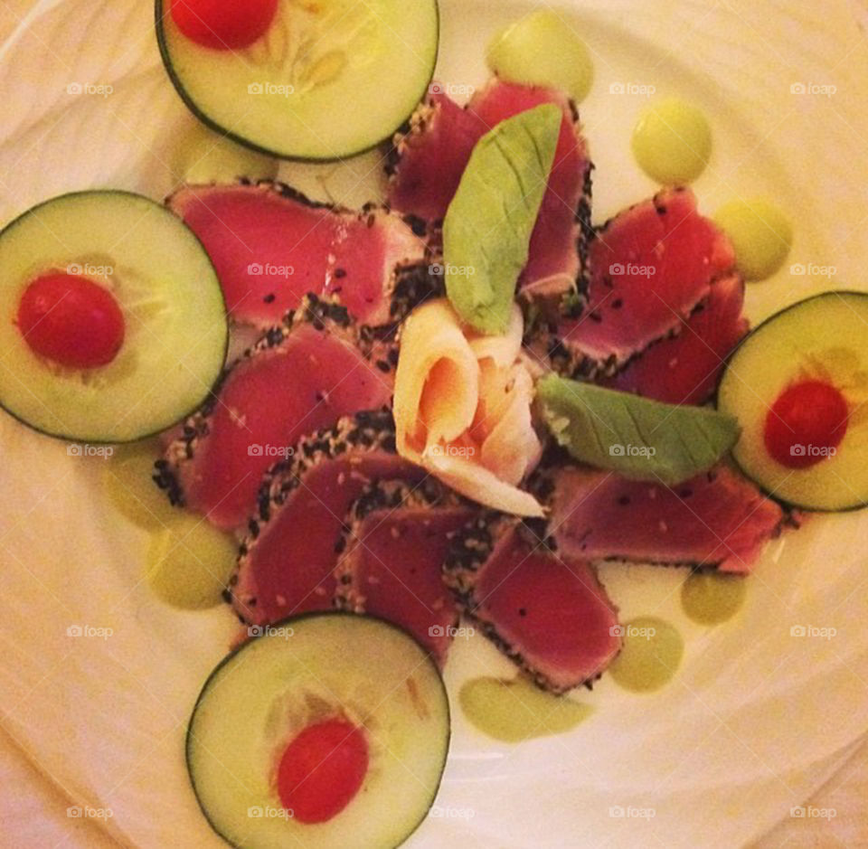 Salmon salad. Food art salmon salad from a hotel room service