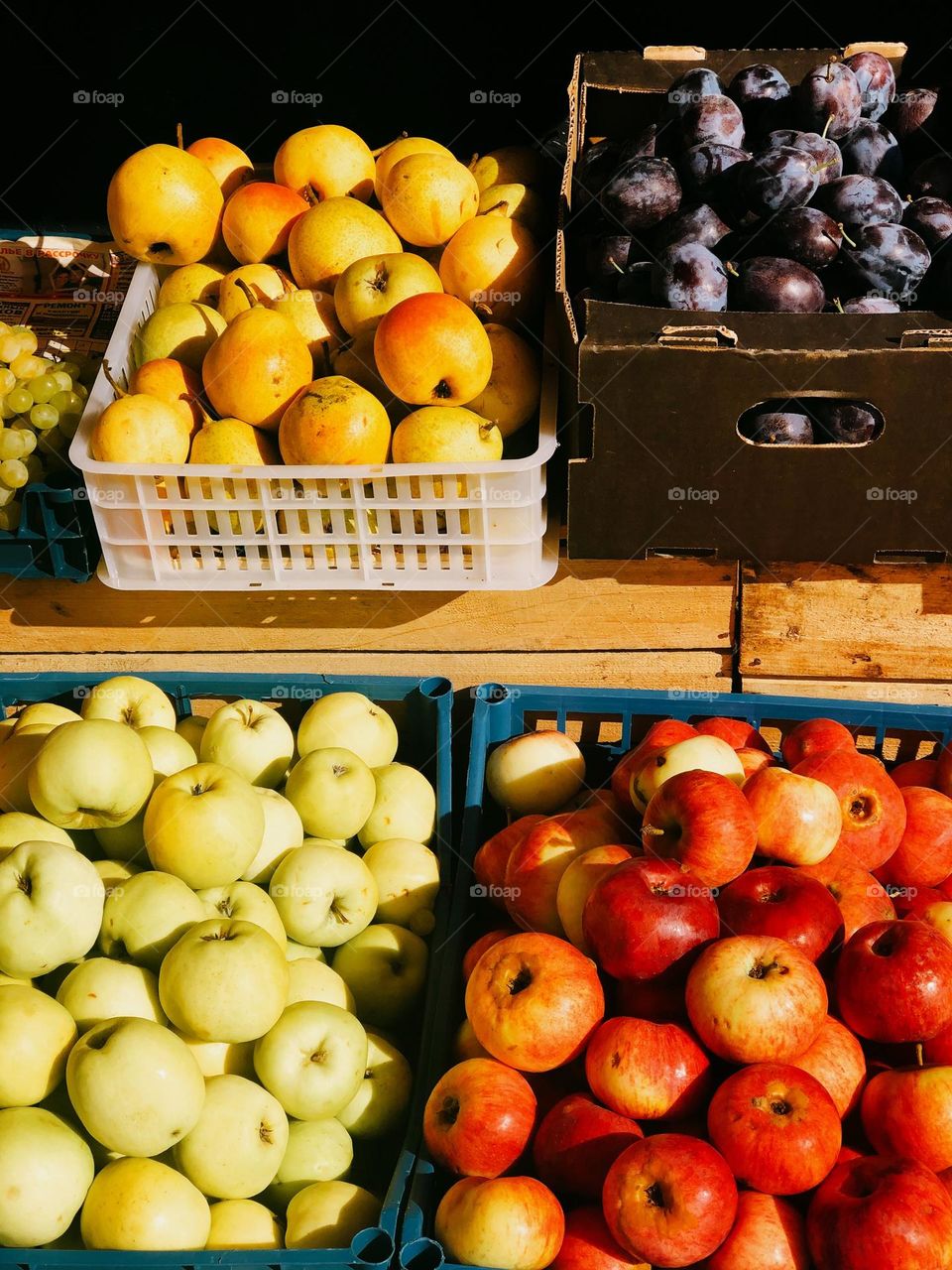 Local market, many different fresh fruits on local market in sunny day, nobody 