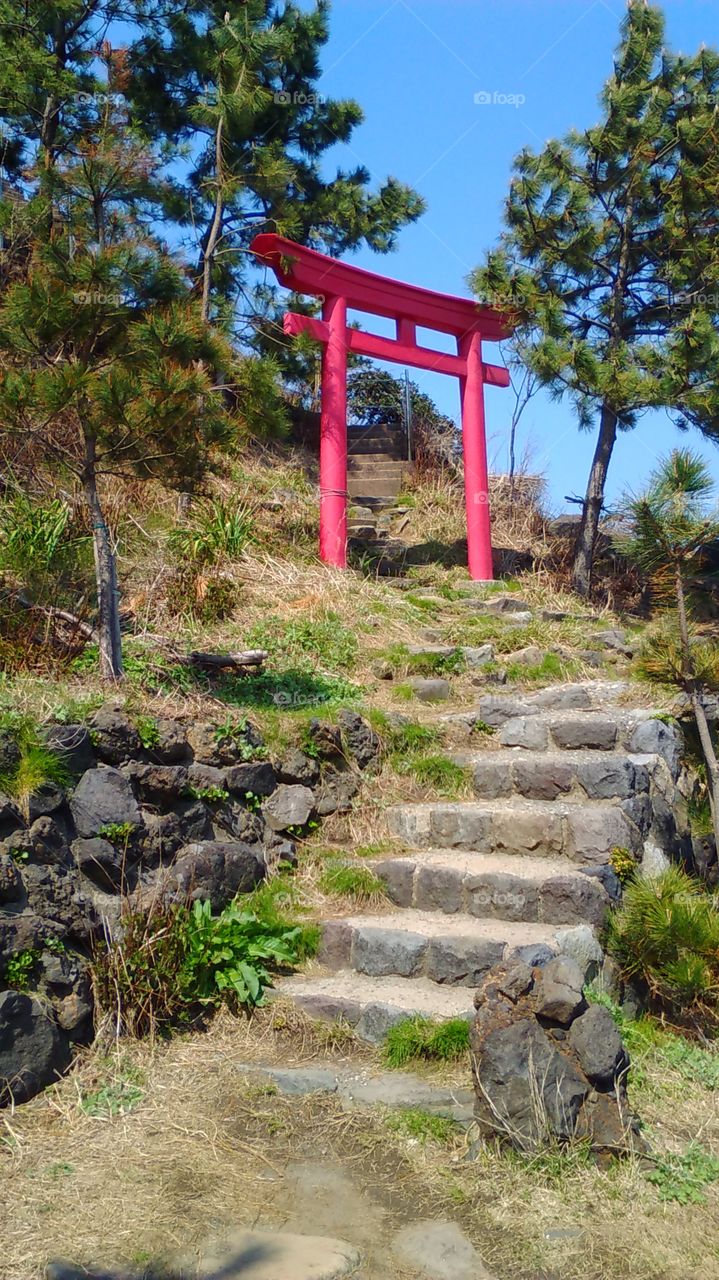 A lone red gate marks the little stone path to the top of Benten No Iwa.