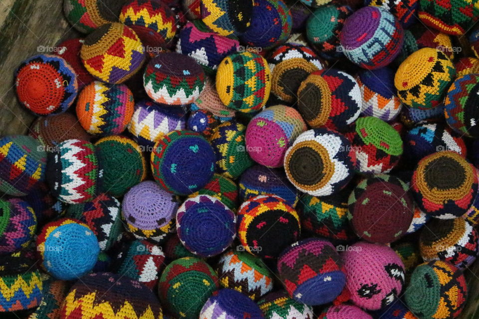 A grouping of hacky-sacks made in Guatemala