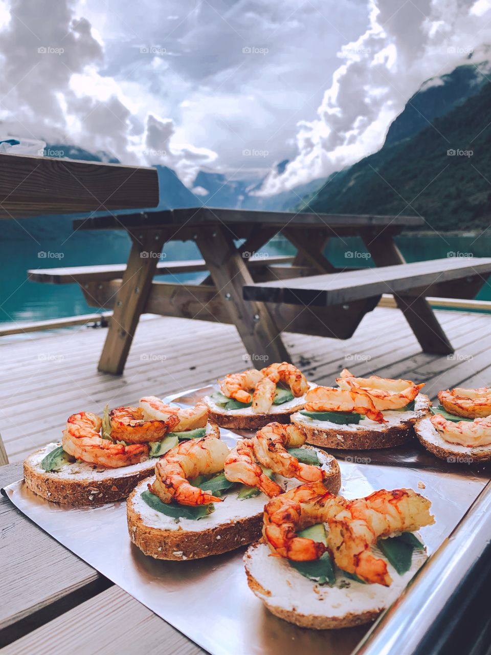 Amazing breakfast on shore of Norwegian fjord