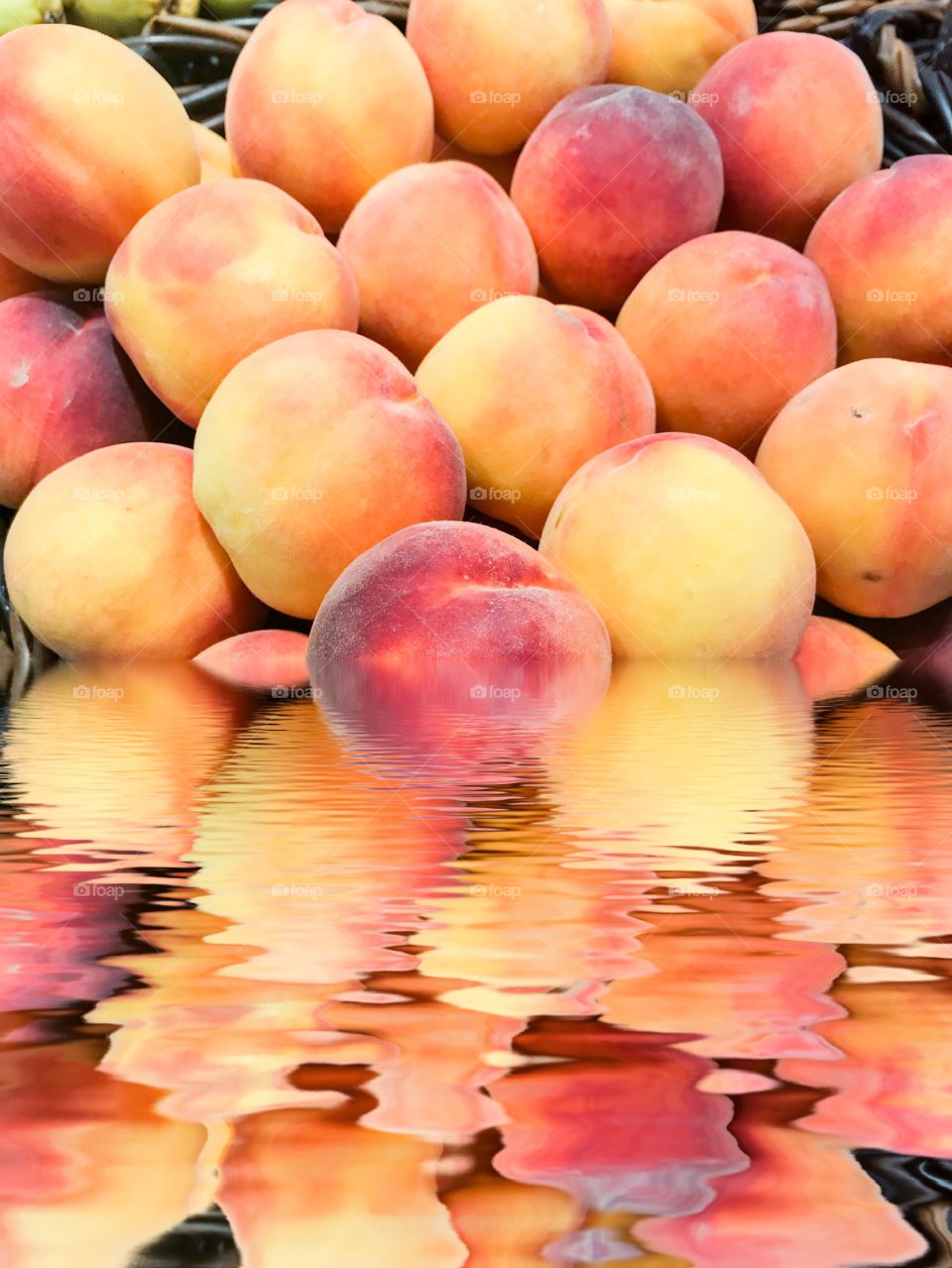 Fresh peach with water reflection 