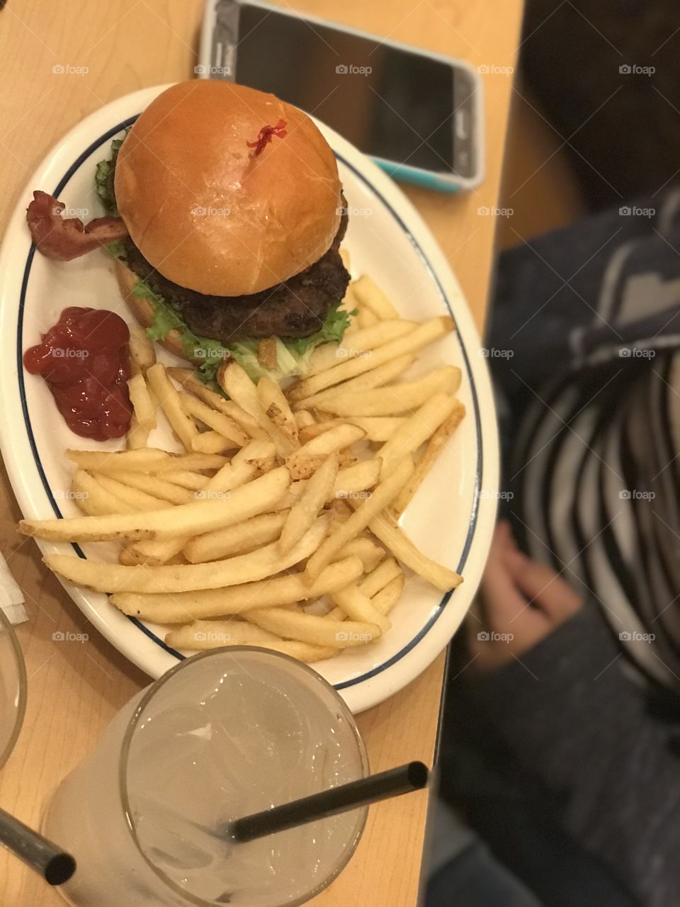 Dinner at IHOP bacon burger and fries with lemonade 