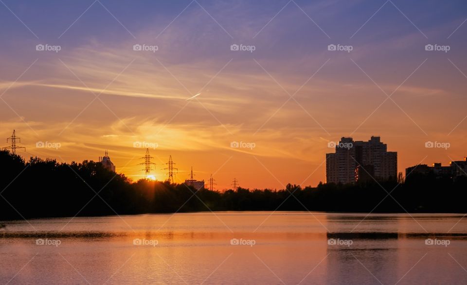 beautiful sunset, bird in sky, beautiful clouds, evening, fog overwater, evaporation, quiet, rest, nature