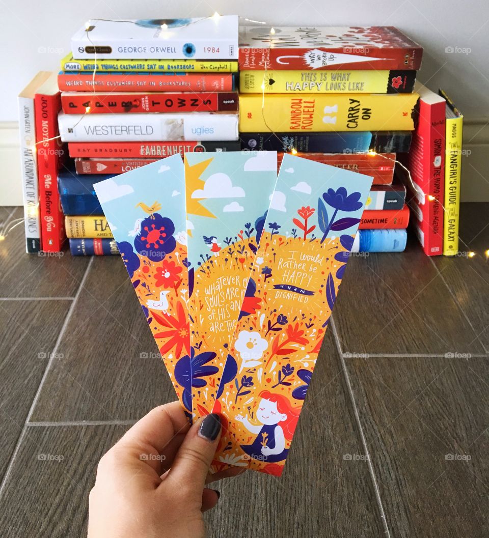 Colorful bookmarks with matching books. 
