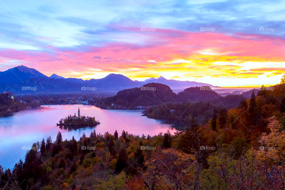 Sunrise at lake Bled. Beautiful dramatic sky, sunrise at lake Bled, Slovenia, Europe 