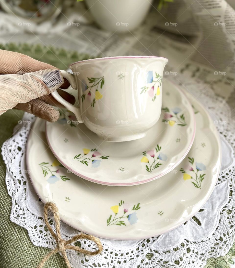 Breakfast set porcelain trio old pottery vintage dishware