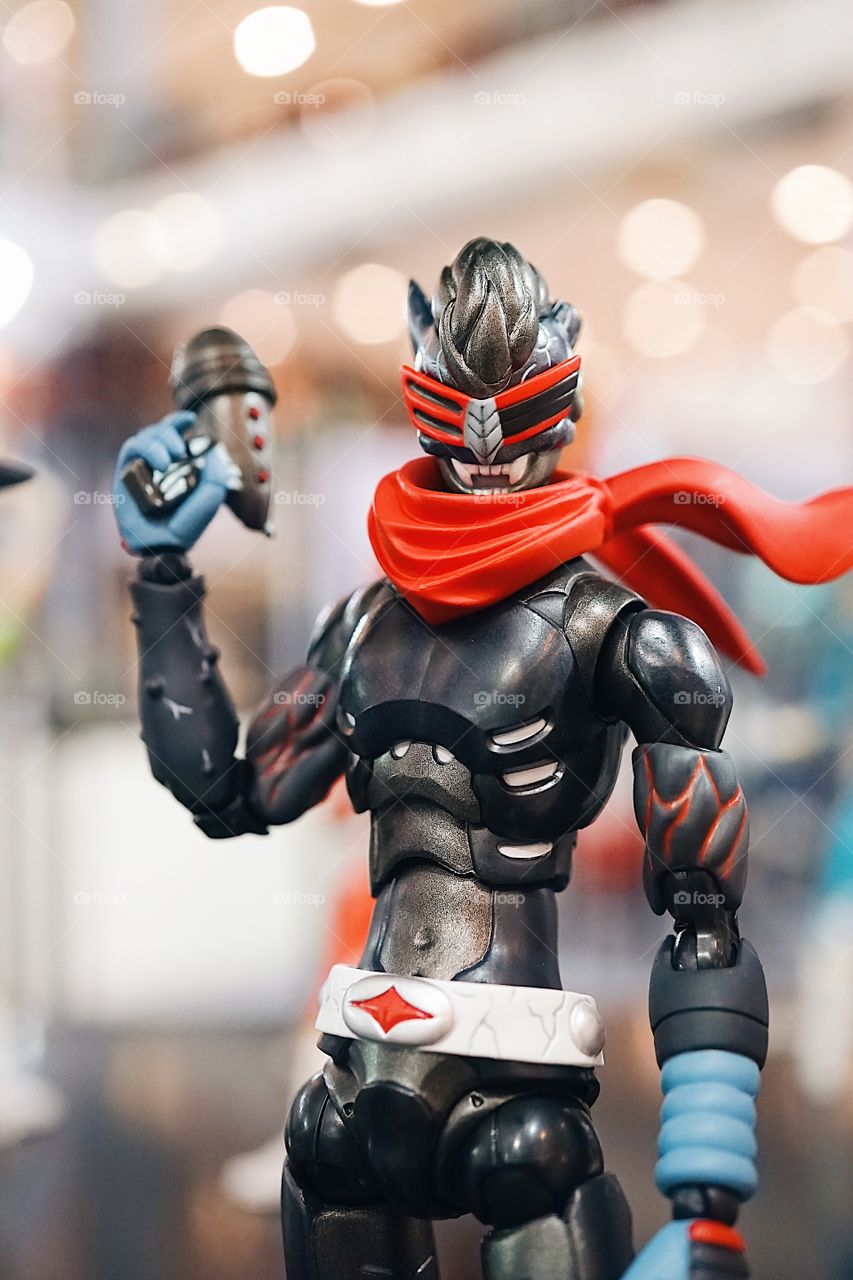 Bangkok - May 5, 2018 - A closed up portrait of superhero called NEXTMAN SYNTH CYCLONE, inspired by Kamen Rider. This power ranger is created by 1000 Toys and RealxHead. (1:12 scale figure)