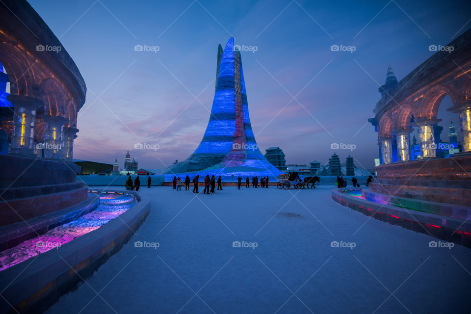 Asia china  Harbin ice Festival snow Festival ice sculptures snow building  snow ice in light colorful ice buildings at night