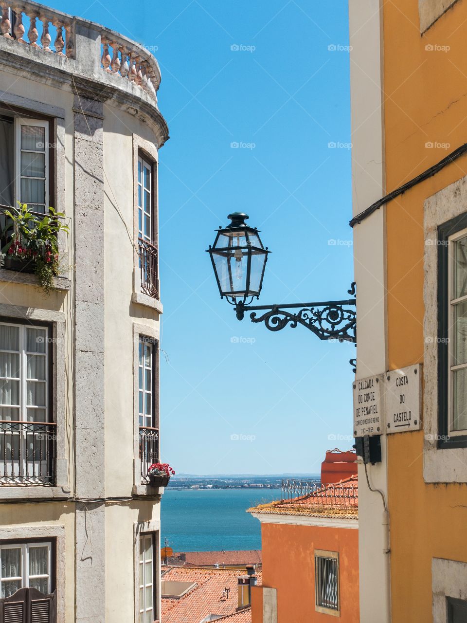 Seaview and old buildings, Alfama, Lisbon, Portugal