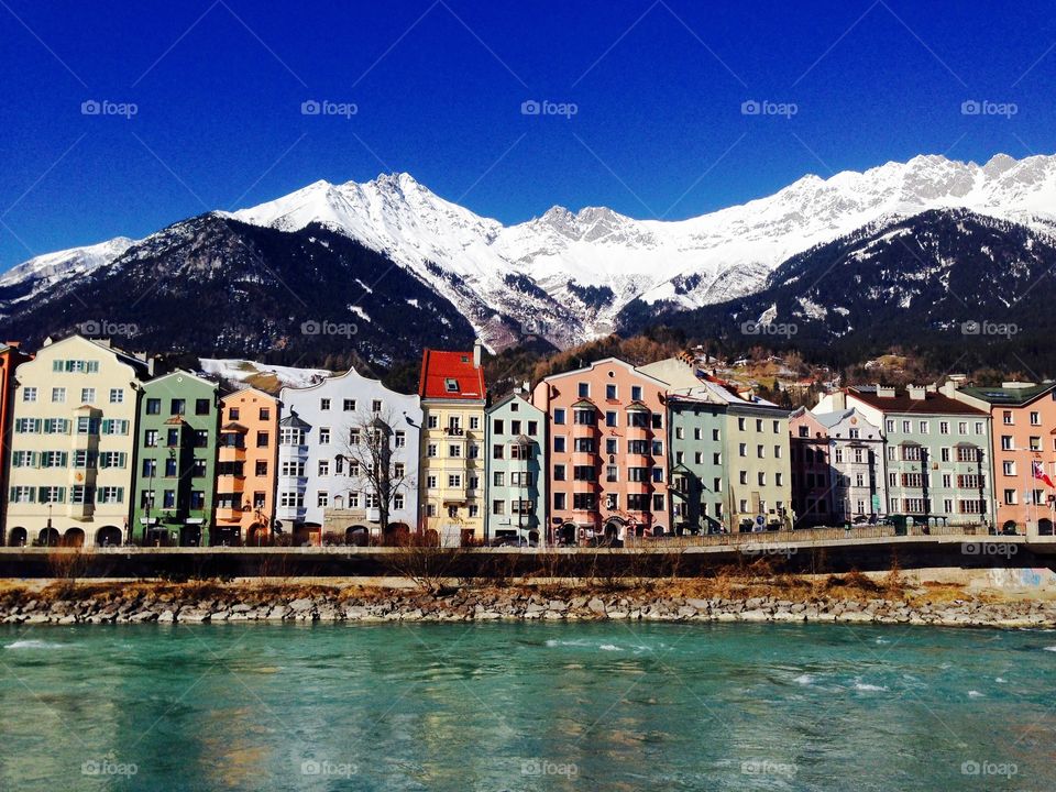 House,snow mountain and river in Innsbruck, Austria 