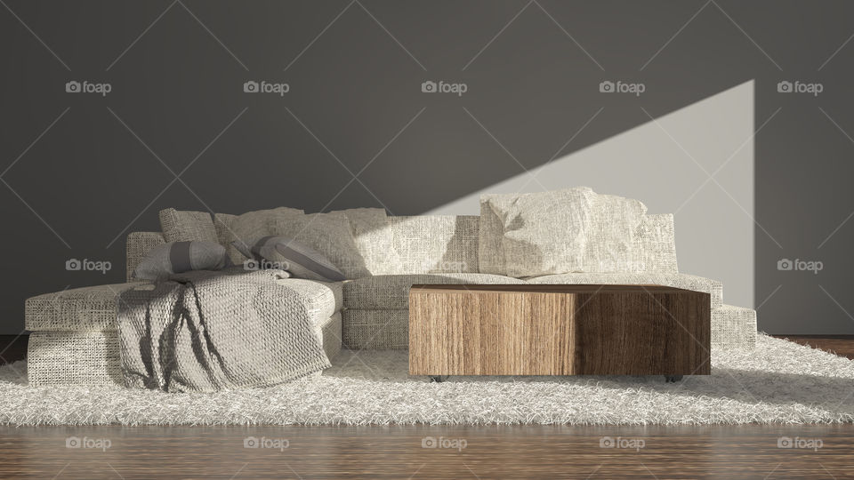 Modern living room with sofa (sitting)

Modern design of equipment, materials. Luxury wood highlight floor, Grey wall. Comfortable sofa with a pleasant softly hairy carpet. Beautifully all sunlit ...