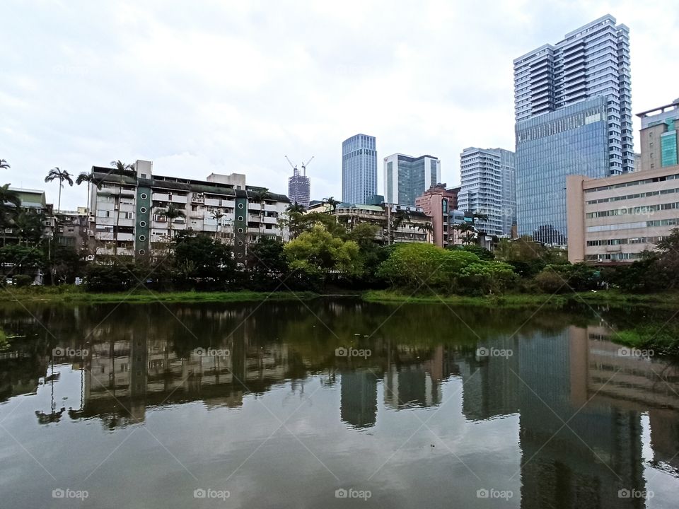 Reflection of a park in the middle of city.