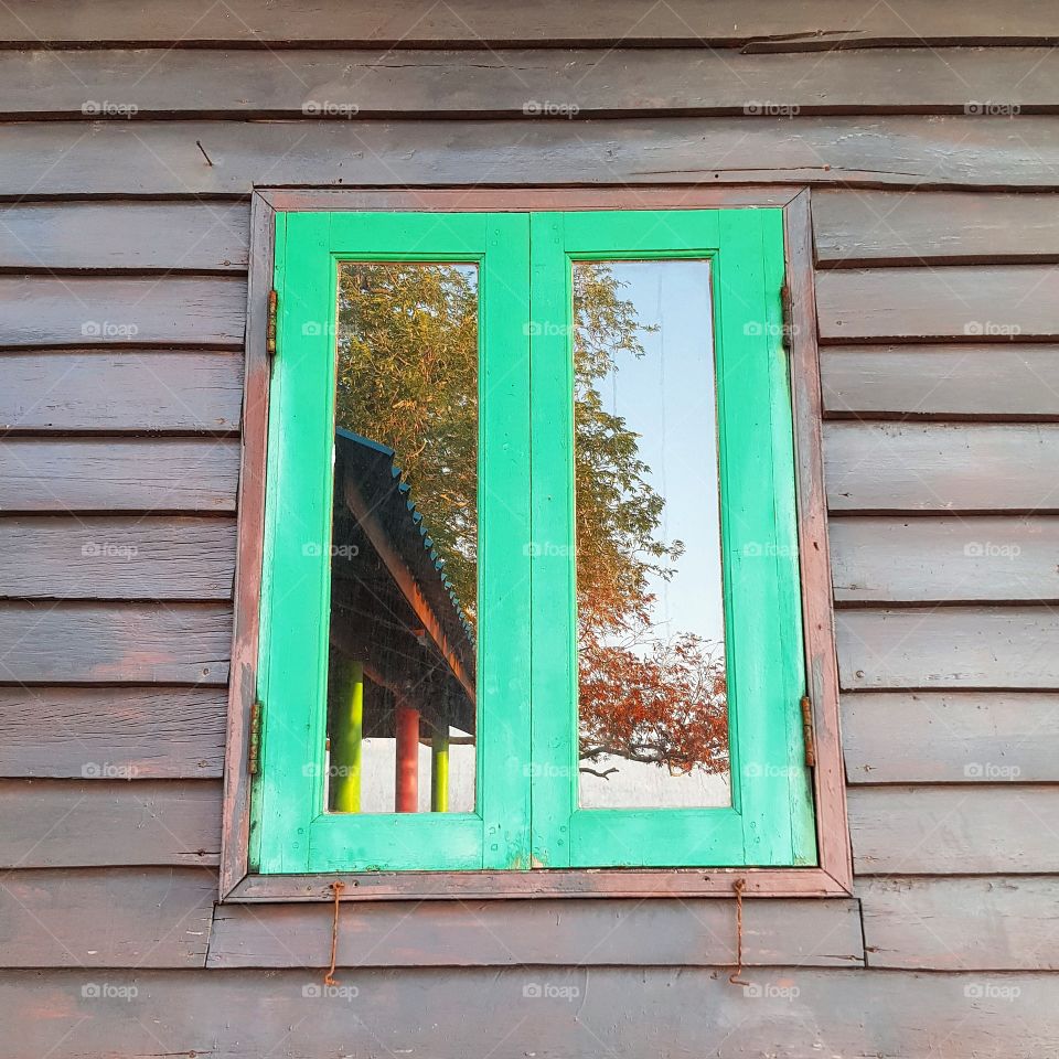 Wooden building with glass window