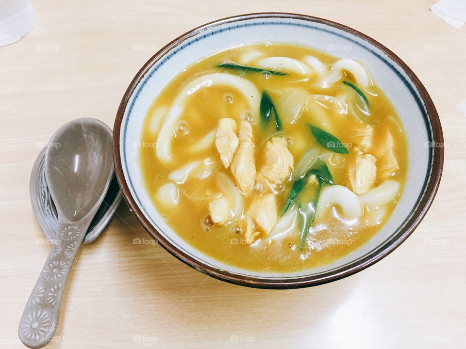 Chicken, curry udon. 