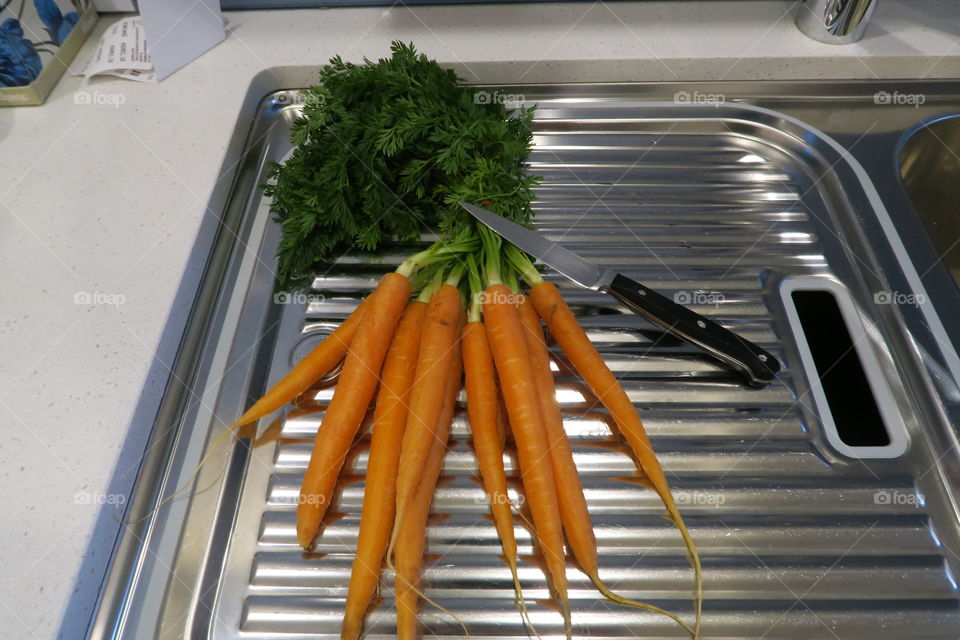 Carrots, sink, cooking, knife, paring knife, cooking, kitchen, food, preparation, raw