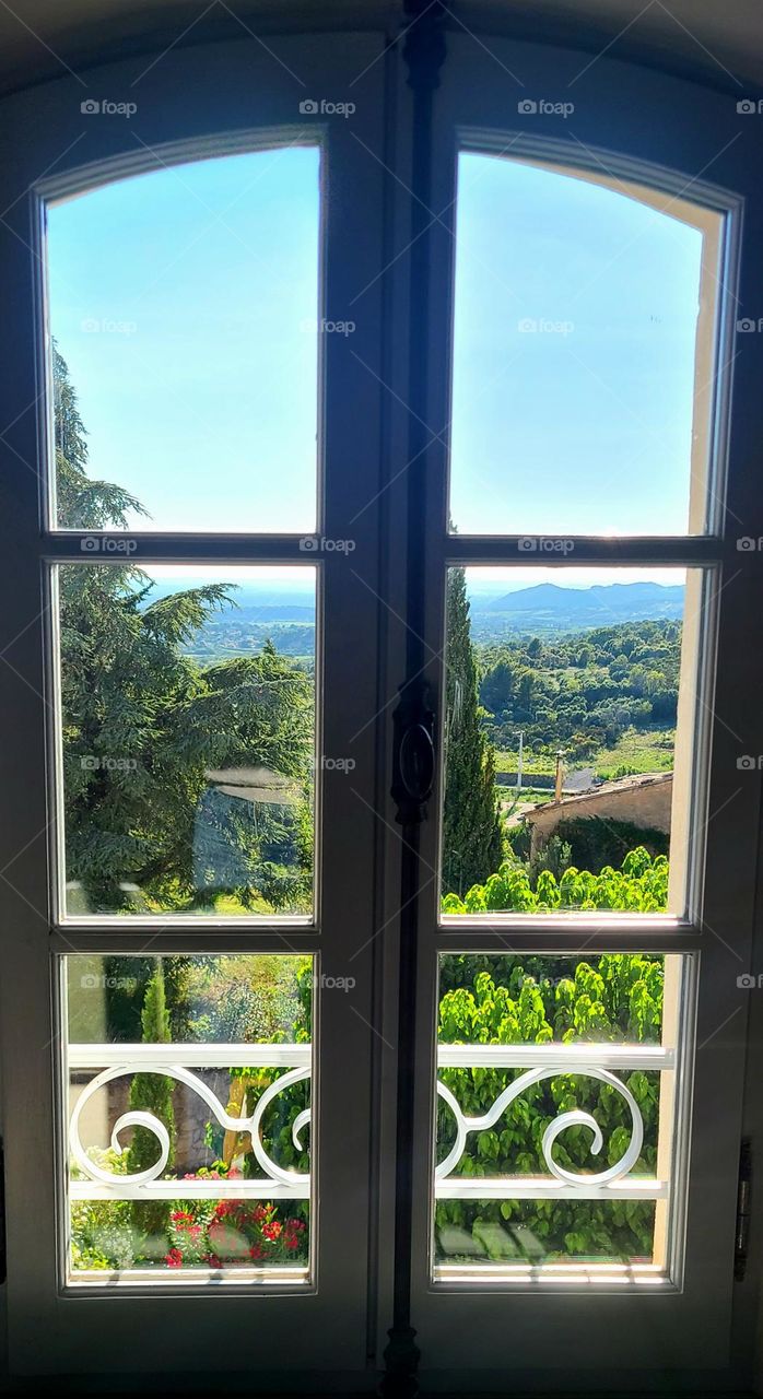 Hotel window view in Provence, France.