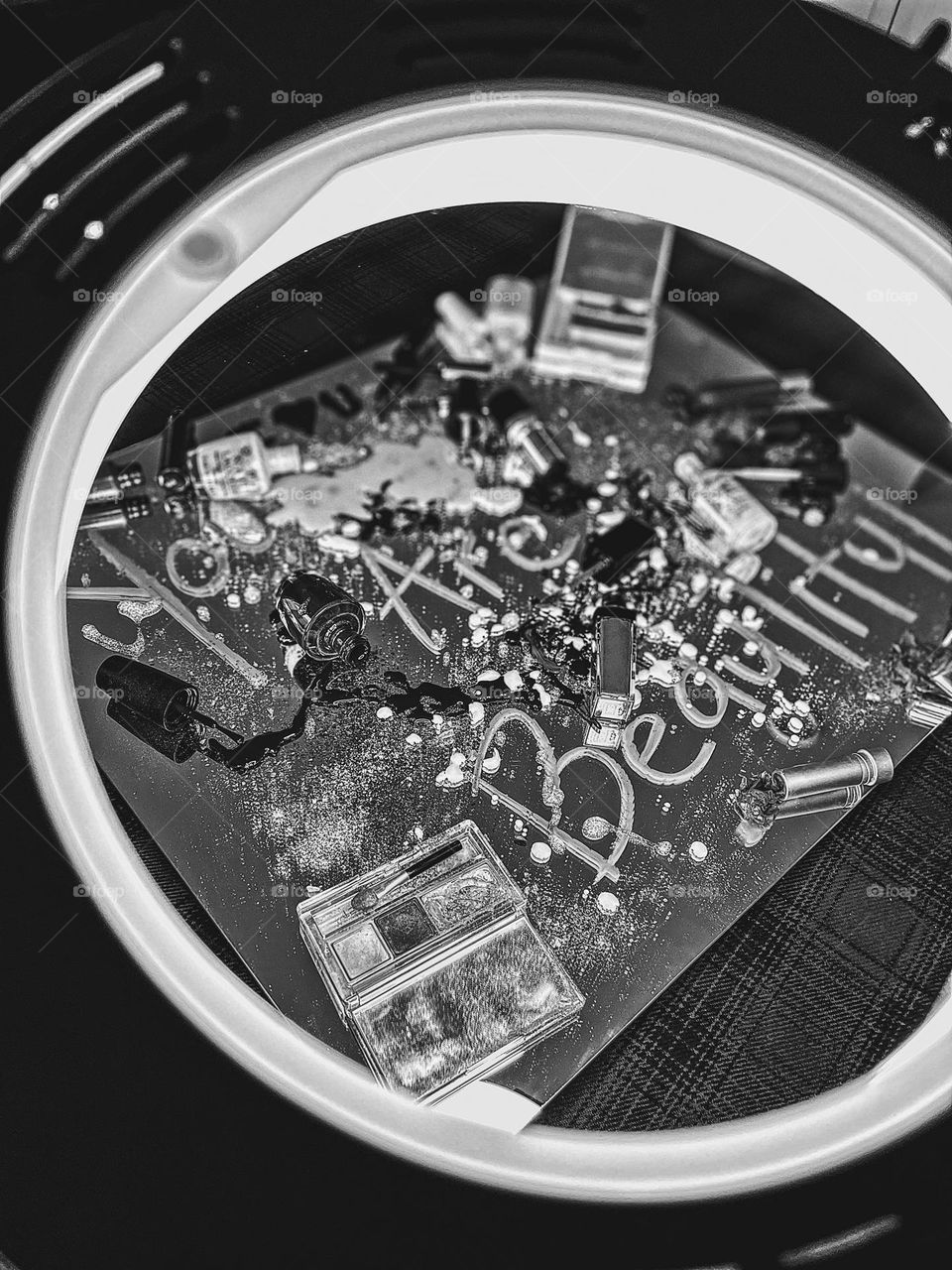 Black and white photo of makeup disaster, you are beautiful message on a mirror, positive vibes, makeup messes, artistic take on makeup, looking through a light