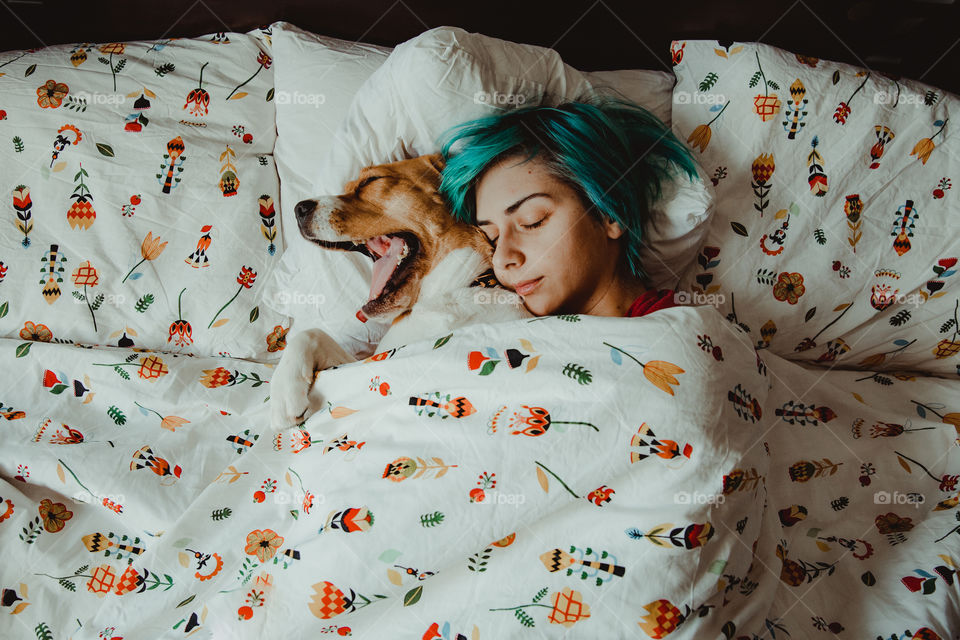 The girl with blue hair and her nice dog