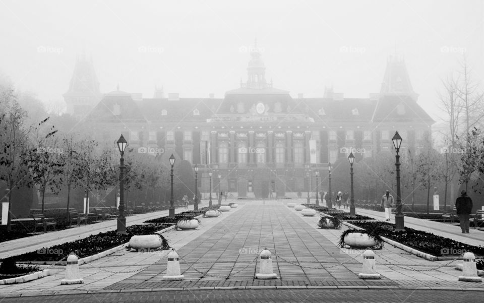 city hall of Sombor in fog. city hall in fog in small town of sombor in northern serbia