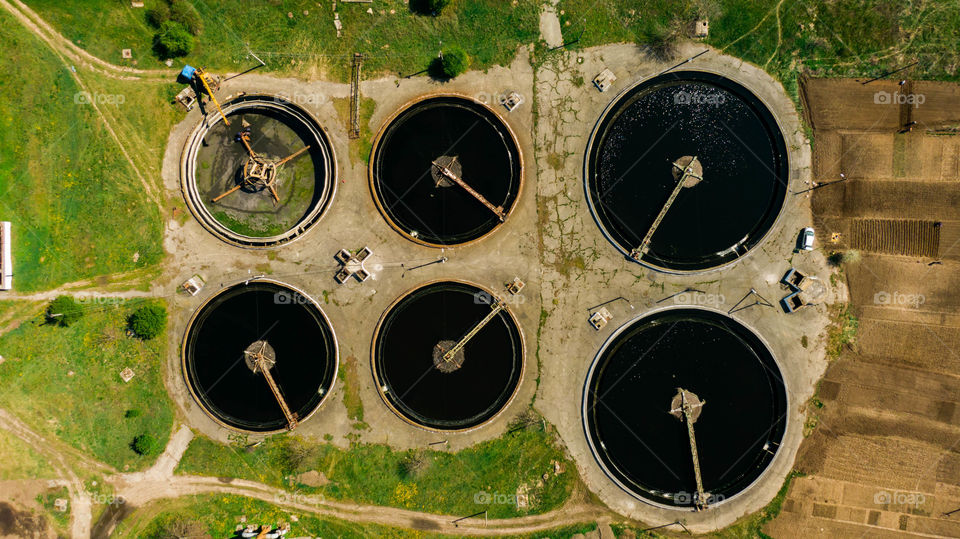 Water tanks for filtration and purification. Aerial view 