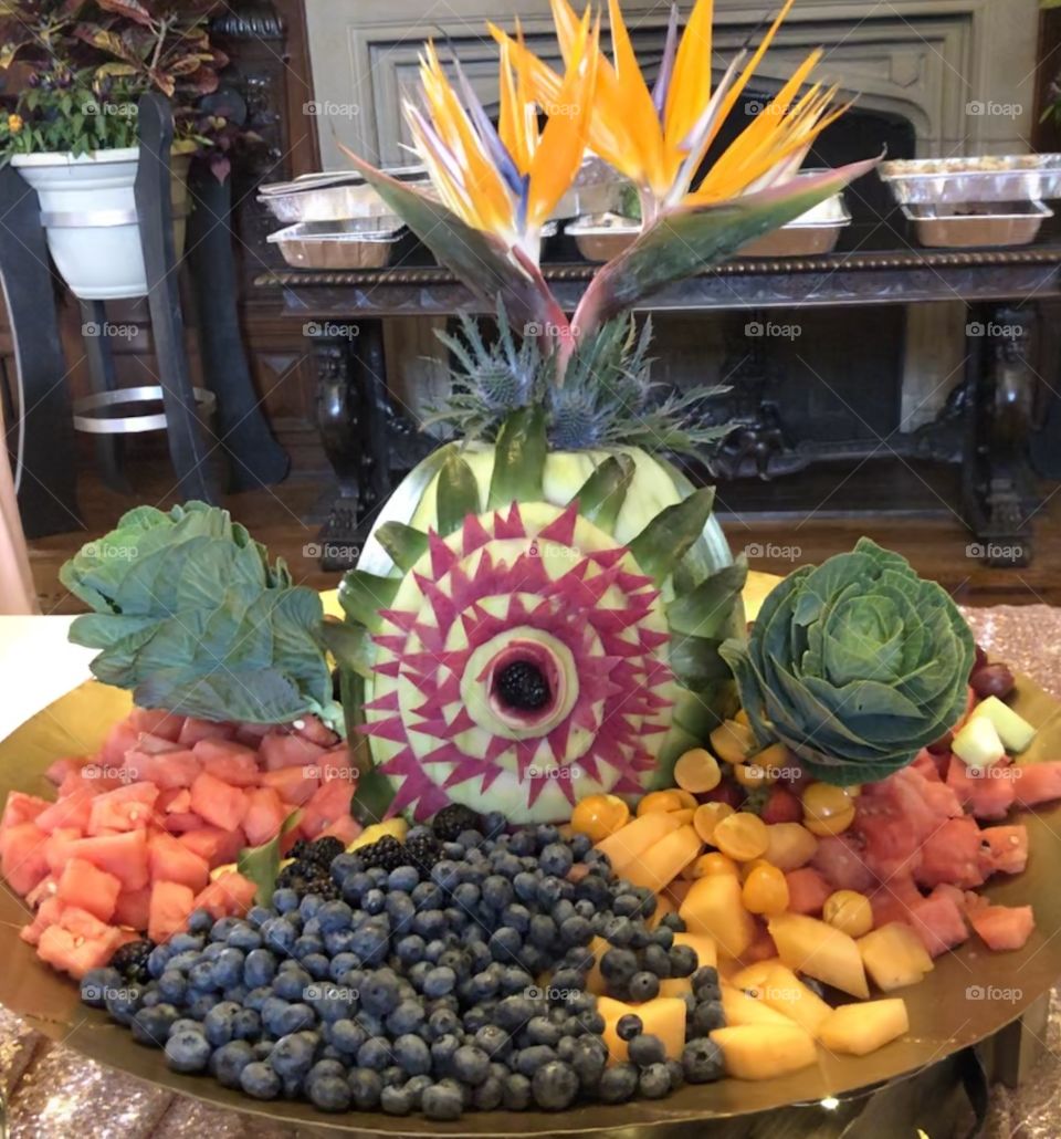Colourful Fruit Tray With A Carved and Decorative Watermelon Displayed