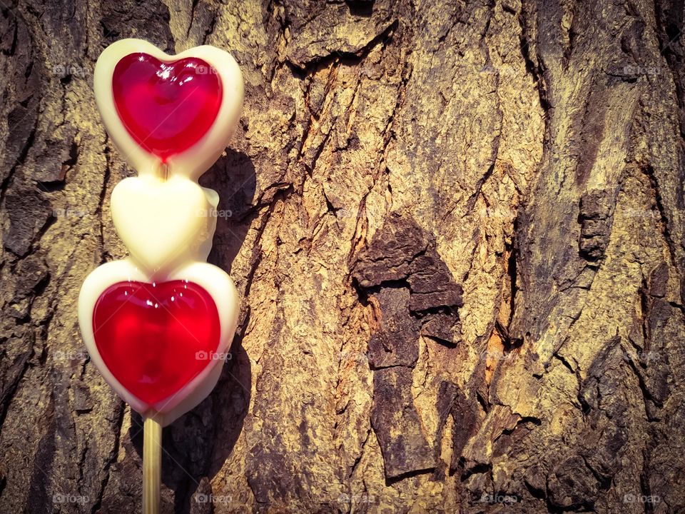 A red and white heart shape lollipop candy on tree wooden background. Concept for Valentines Day, template, Business, banner,