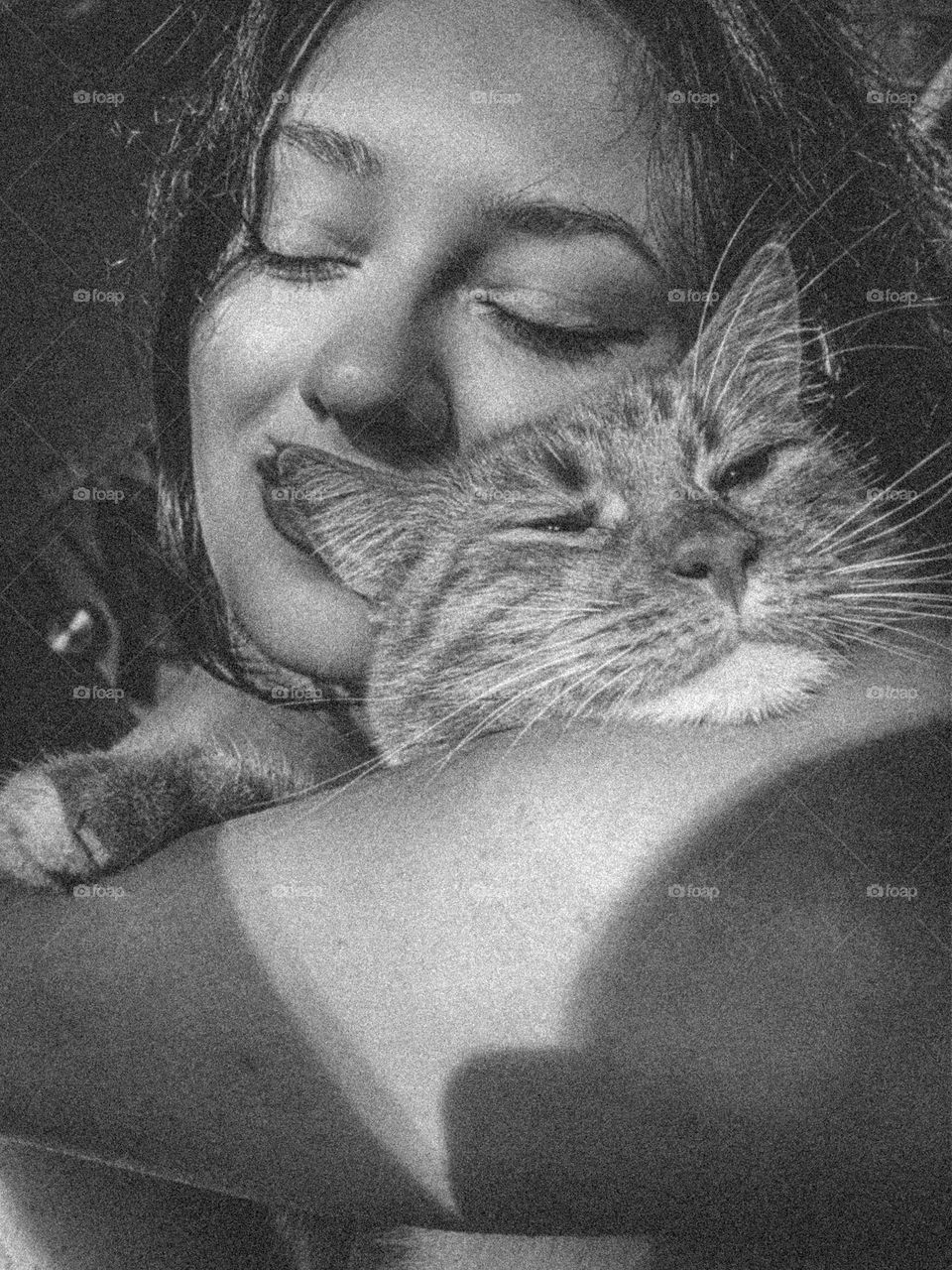 Girl with cat, cat, black and white photo 