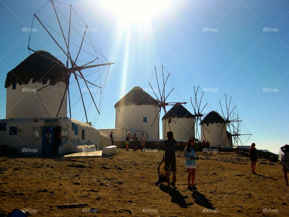 windmills. I took this phoro at mykonos, greek island. They looked so beatiful under the sunshine.