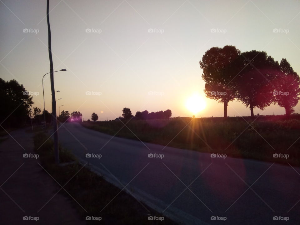 Sunset in a summer evening on a trafficless country road under a clean sky