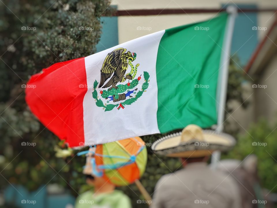 Mexican Pride. Vaquero On Horse Carrying Mexican Flag
