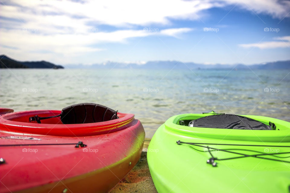 Kayaks on the beach on Lake Tahoe