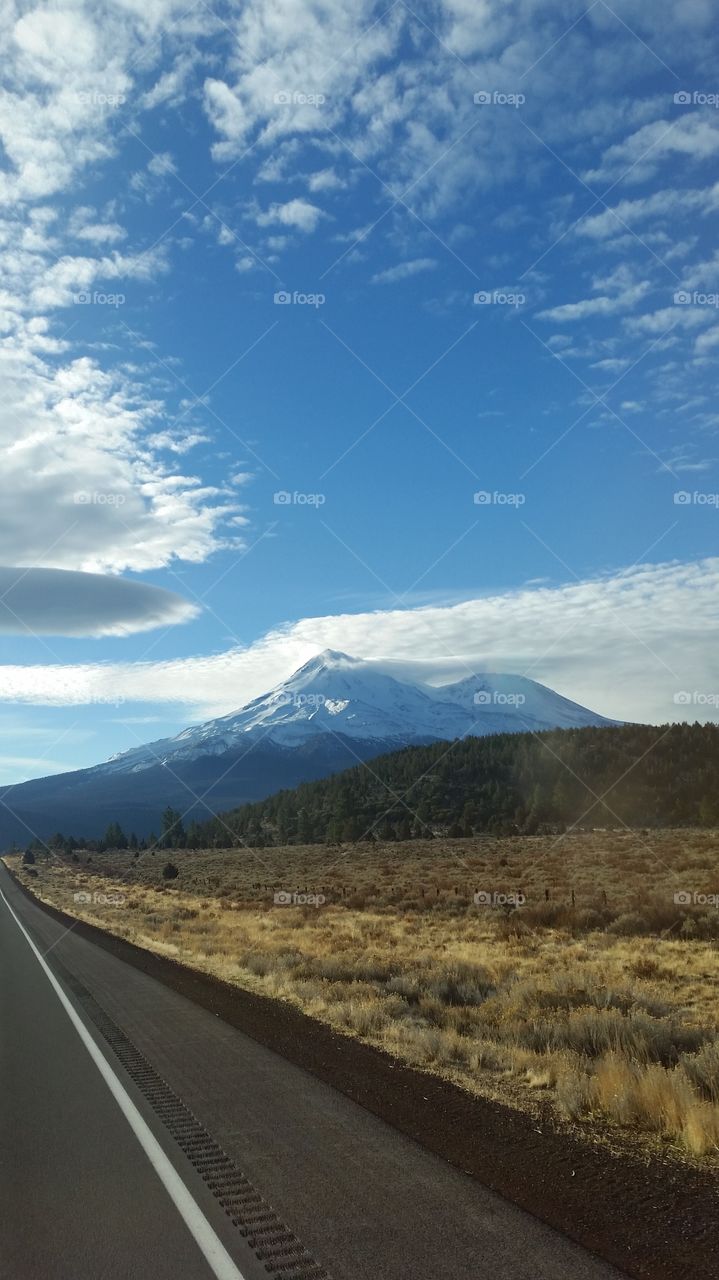 Mount Shasta open roads with mysterious clouds