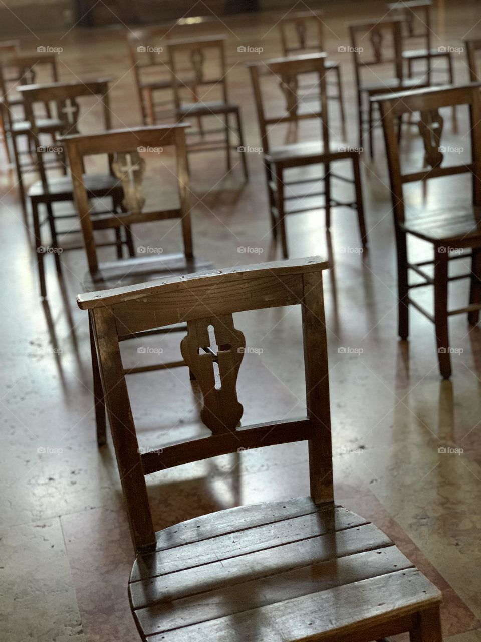 Wooden church chairs series, series of objects