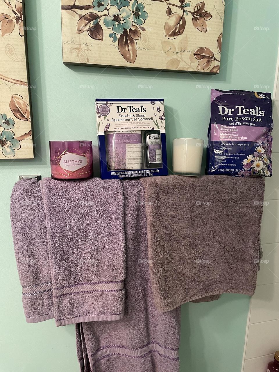 Towels in this shot are lavender as well as the bath salts from Dr Teal’s for this mission, taken on my iPhone 12.