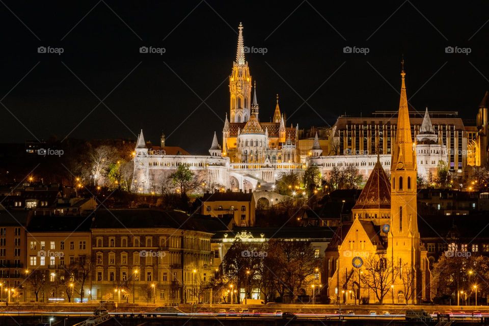 Night photo of illuminated Fisherman's bastionin Budapest, Hungary