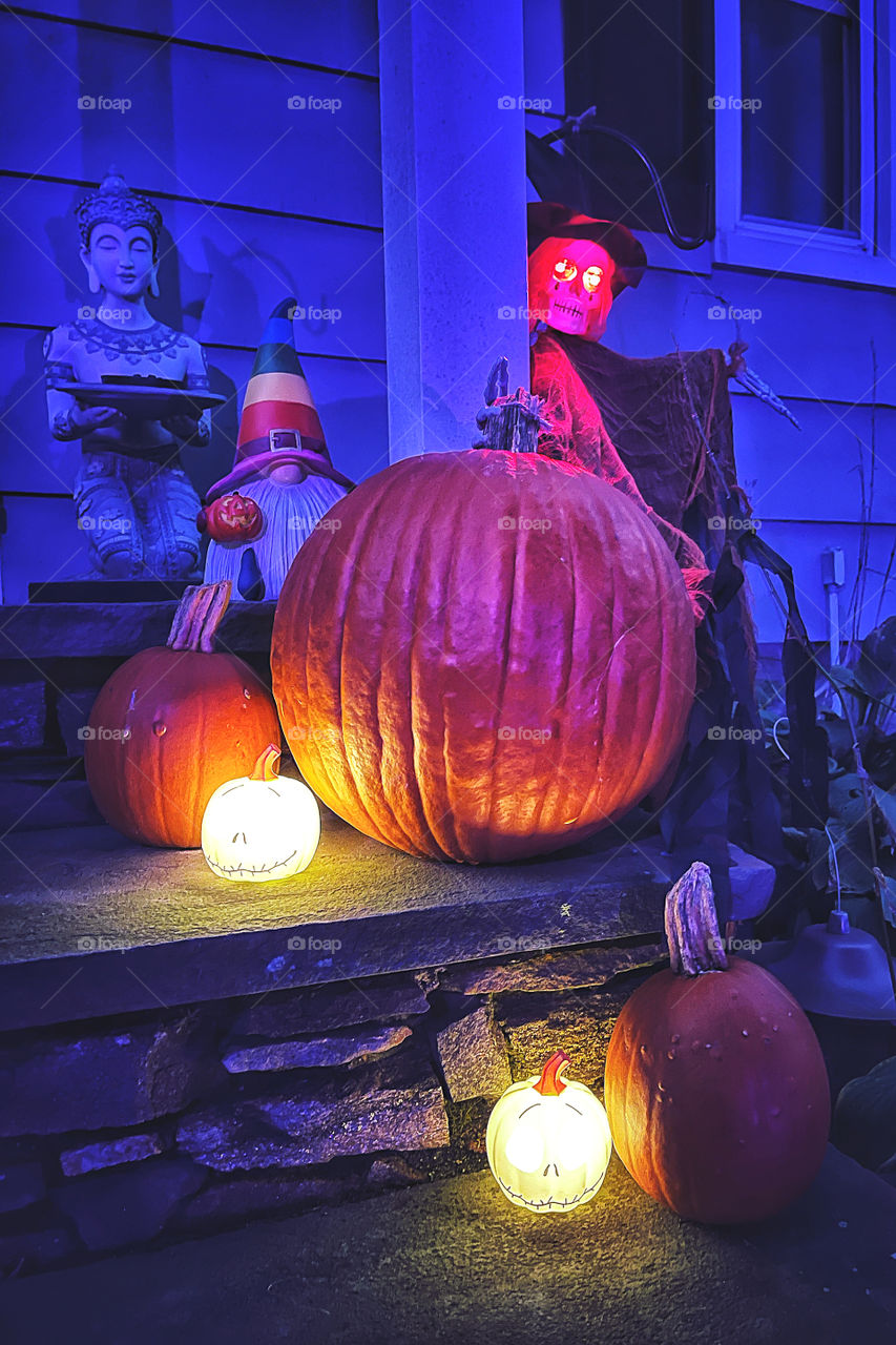 Halloween decorations on a porch 