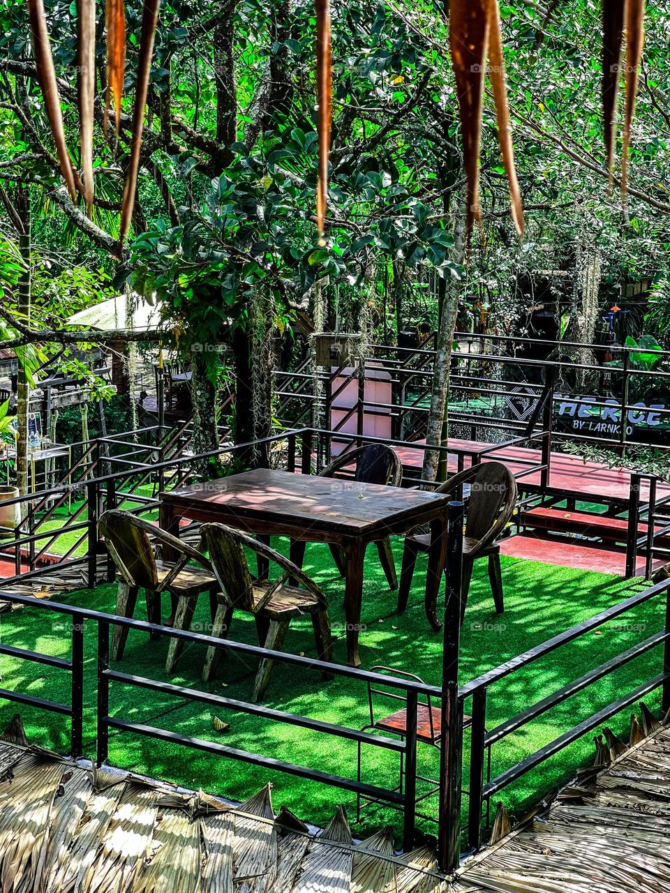 Seating place for four people under the shady tree with jungle like view at the background 