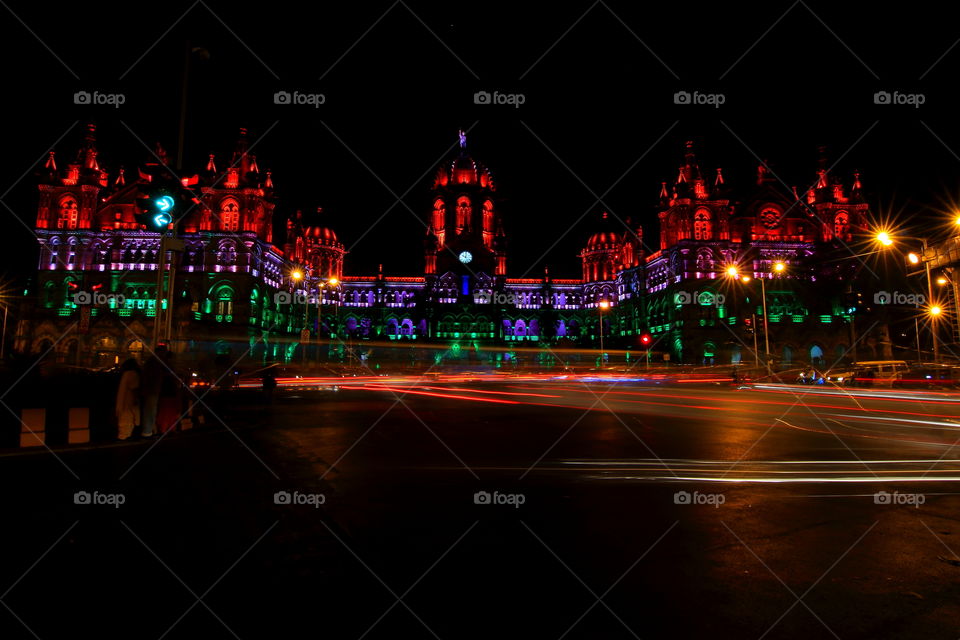 Victoria Terminus illuminated with lights of Indian tricolor in the night