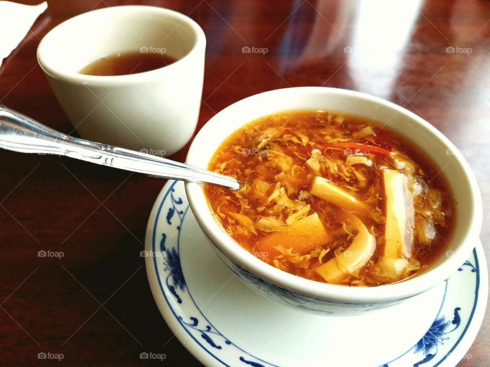 High angle view of soup in bowl