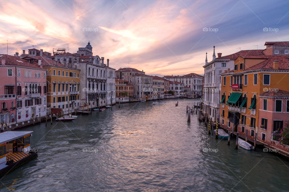 Sunset sky over the Grand Canal in Venice Italy. 