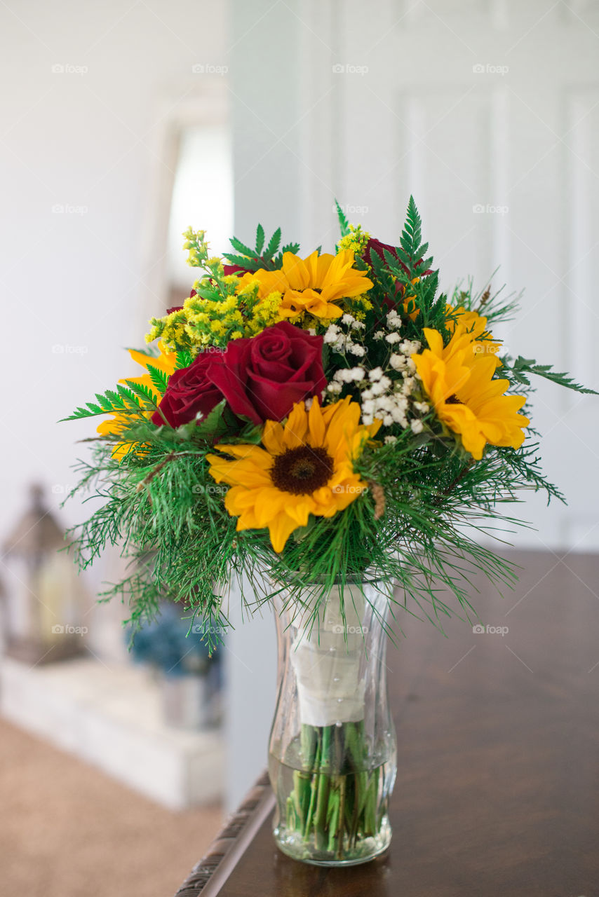 Sunflower and Red Roses Bridal Bouquet
