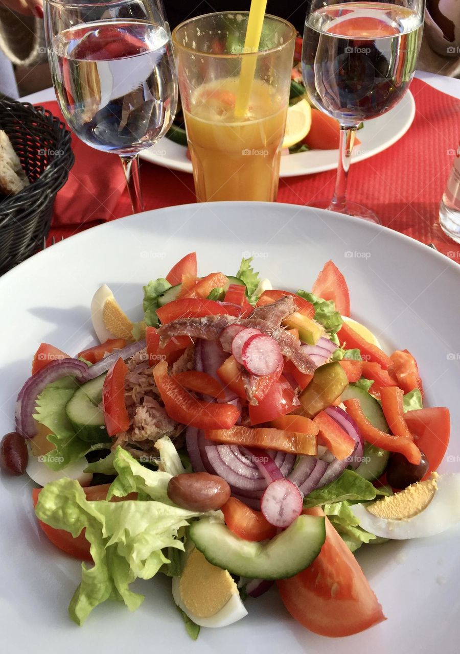 Fresh nicoise salad, vegetarian food, fresh vegetables, eating healthy, healthy food, food from above, summer lunch 