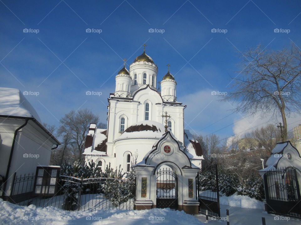 Orthodox church in the city of Voronezh, in Russia, Christianity, Epiphany, frost, winter,