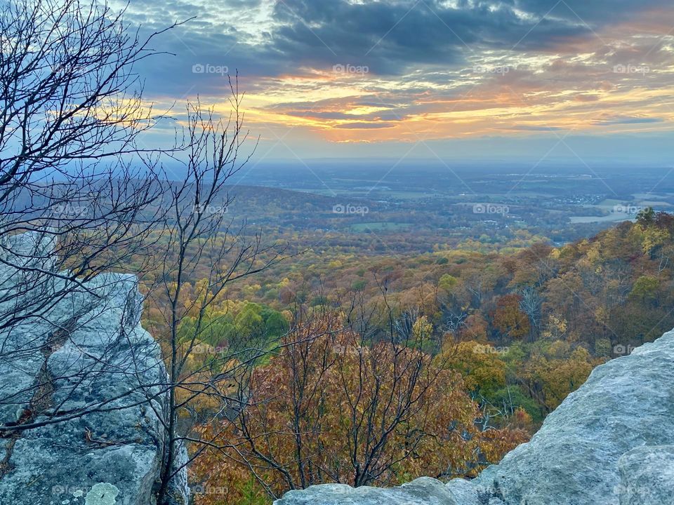 The view from a scenic overlook on the Appalachian Trail at sunset