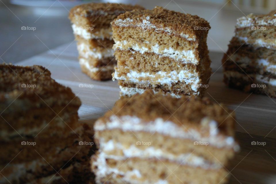 Honey cake cut into pieces 