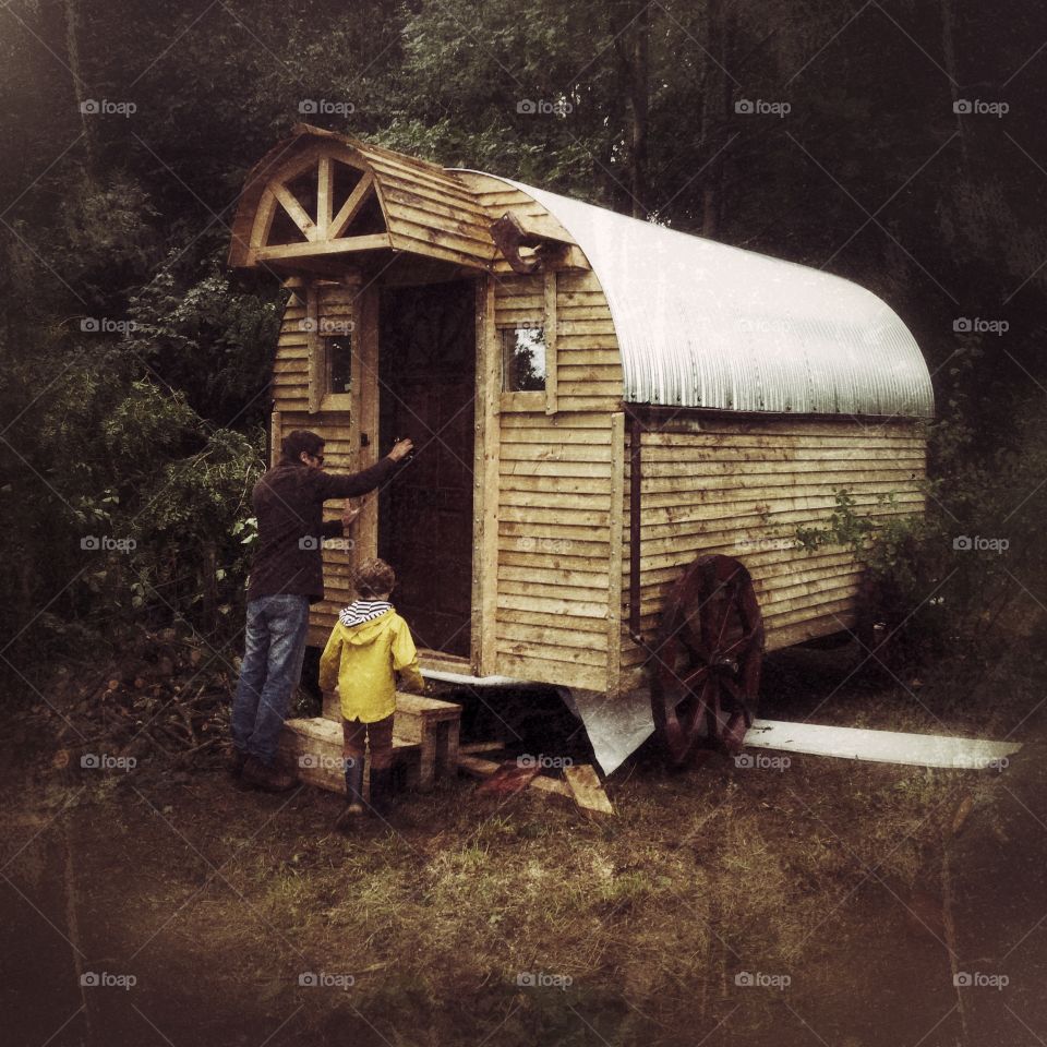 Shepherds hut cabin in the woods